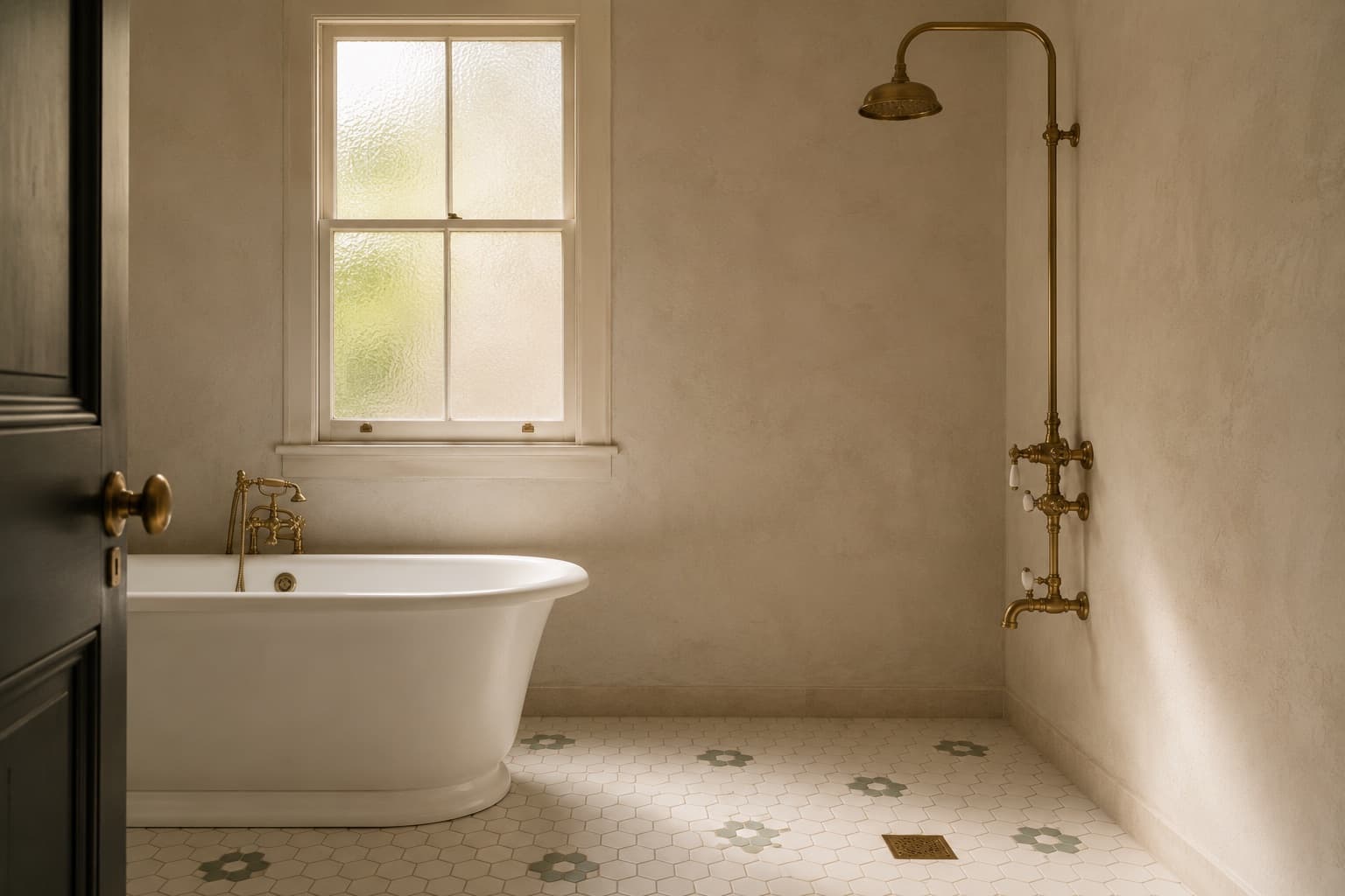 Adelaide heritage bathroom post-restoration with freestanding bath and brass shower