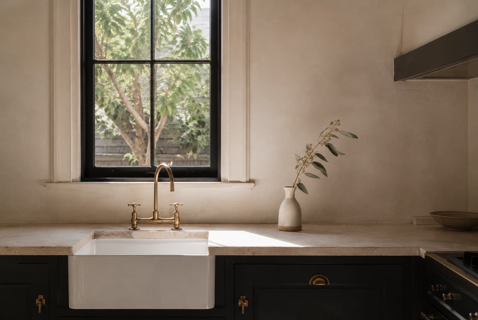Adelaide heritage kitchen post-renovation with brass tapware over butler sink